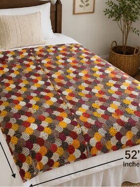 Vintage Patchwork Quilt Blanket 52x72 Multicolor Scallop Print 60s 70s Retro